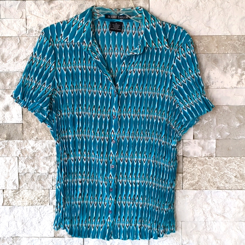 Scott Taylor VTG 90's Button Front Shirt XL Pleated Accordion Style Teal & Brown